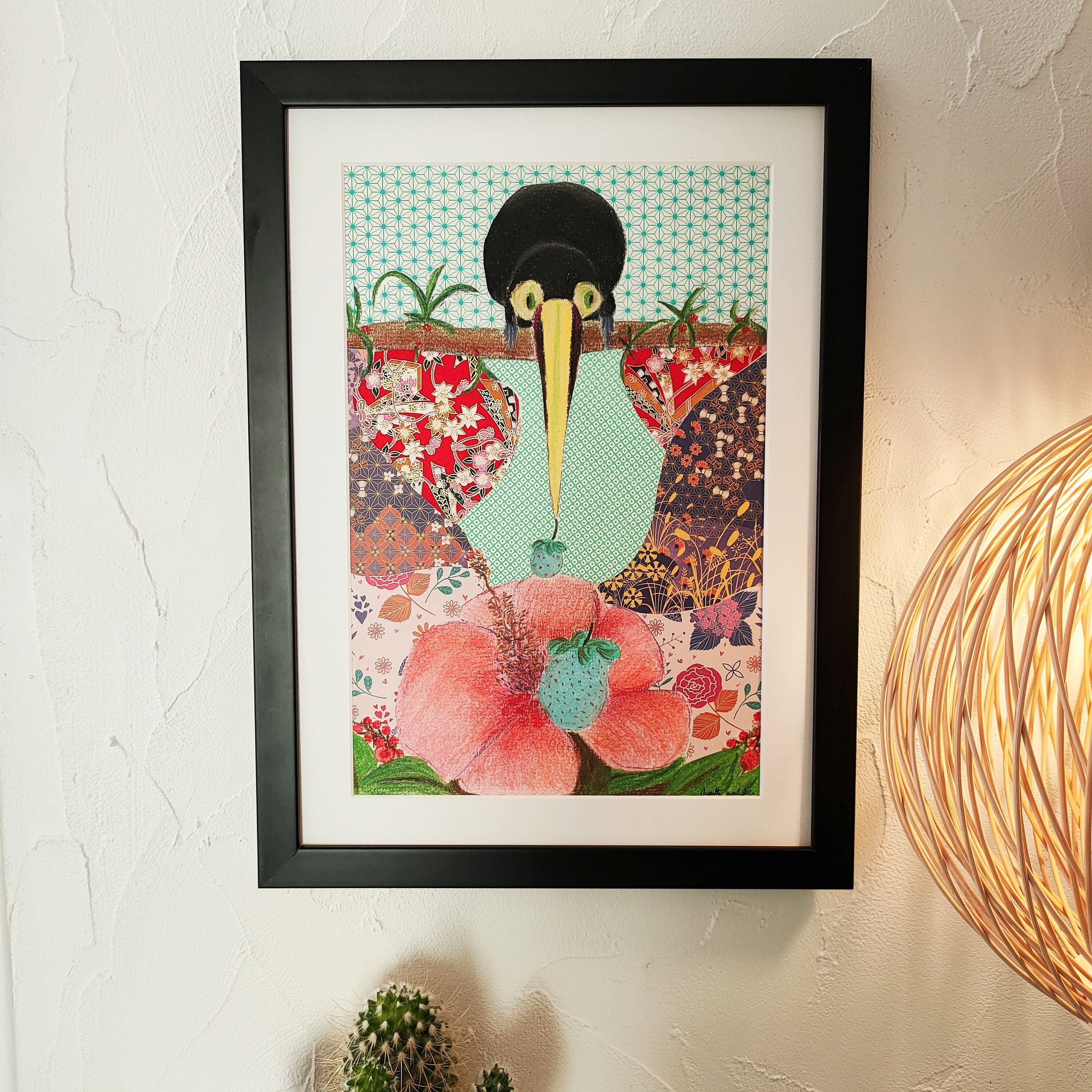 Tableau Toucan Suspendu et Fleurs Imaginaires Au Pastel Sec Papier Japonais Fait Main