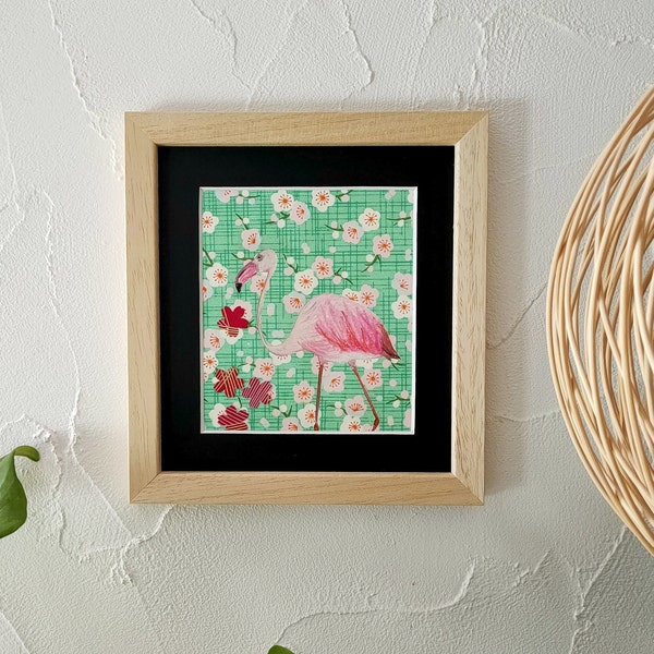 Tableau Flamant Rose Pastel et Fond Vintage au Pastel sec et Papier Japonais Fait Main