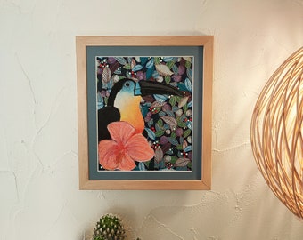 Blue Toucan and Hibiscus Painting with Dry Pastel and Handmade Japanese Paper