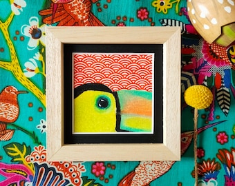 Small Painting Look of Toucan with Carene in Dry Pastel and Handmade Japanese Paper