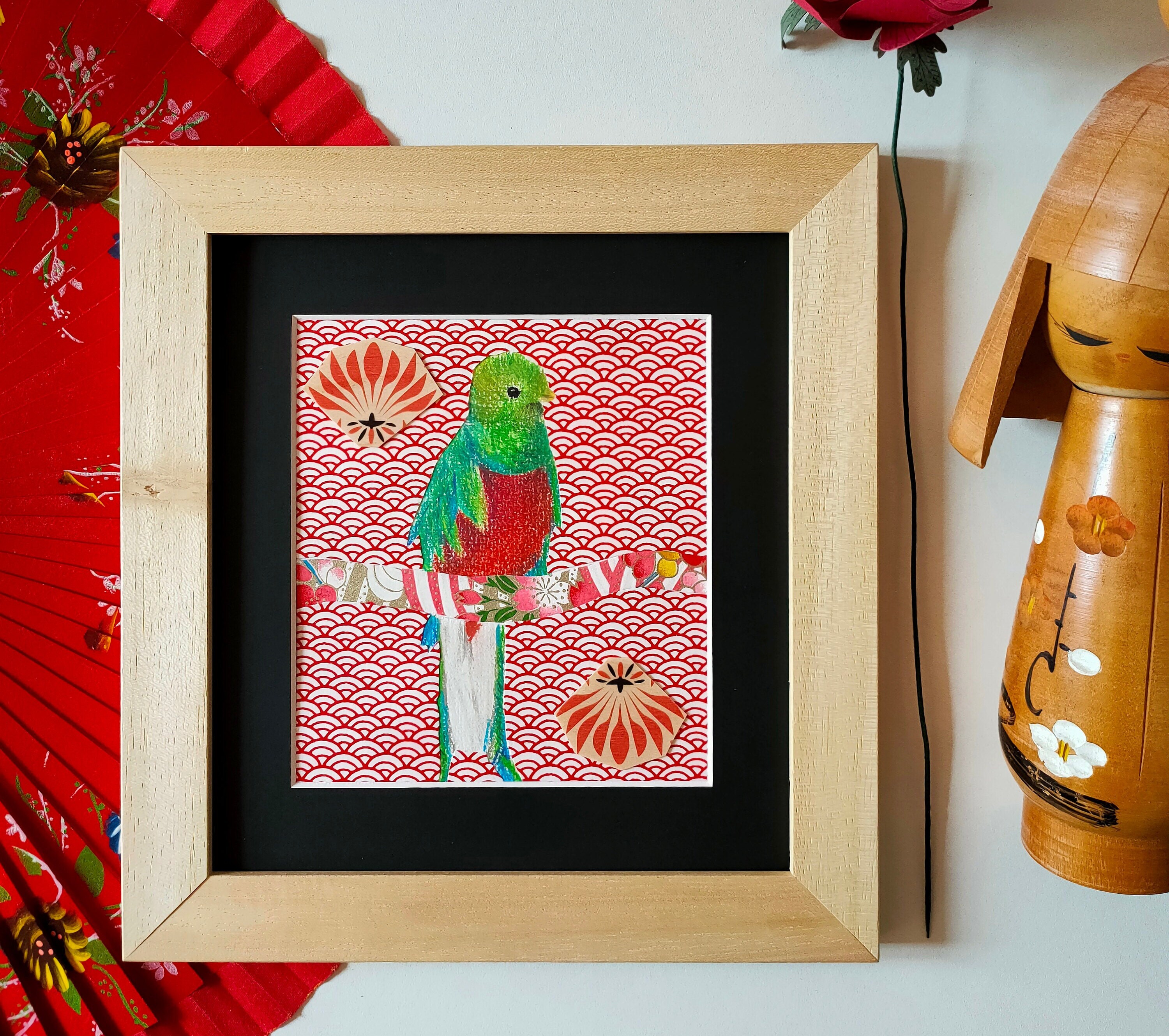 Tableau Quetzal Costa Rica Au Pastel Sec et Papier Japonais Fait Main