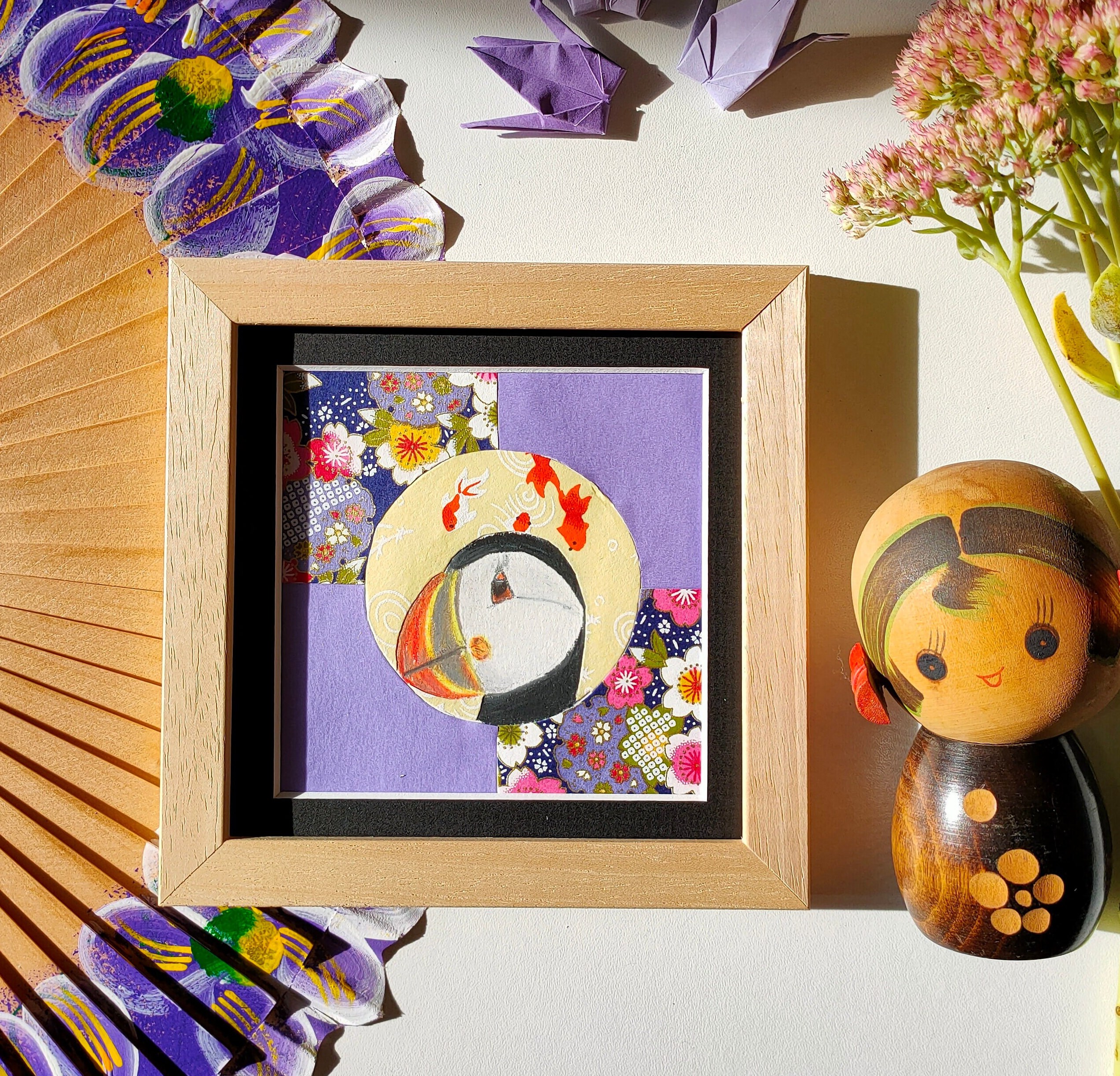 Tableau Portrait de Macareux Au Pastel Sec et Papier Japonais Fait Main