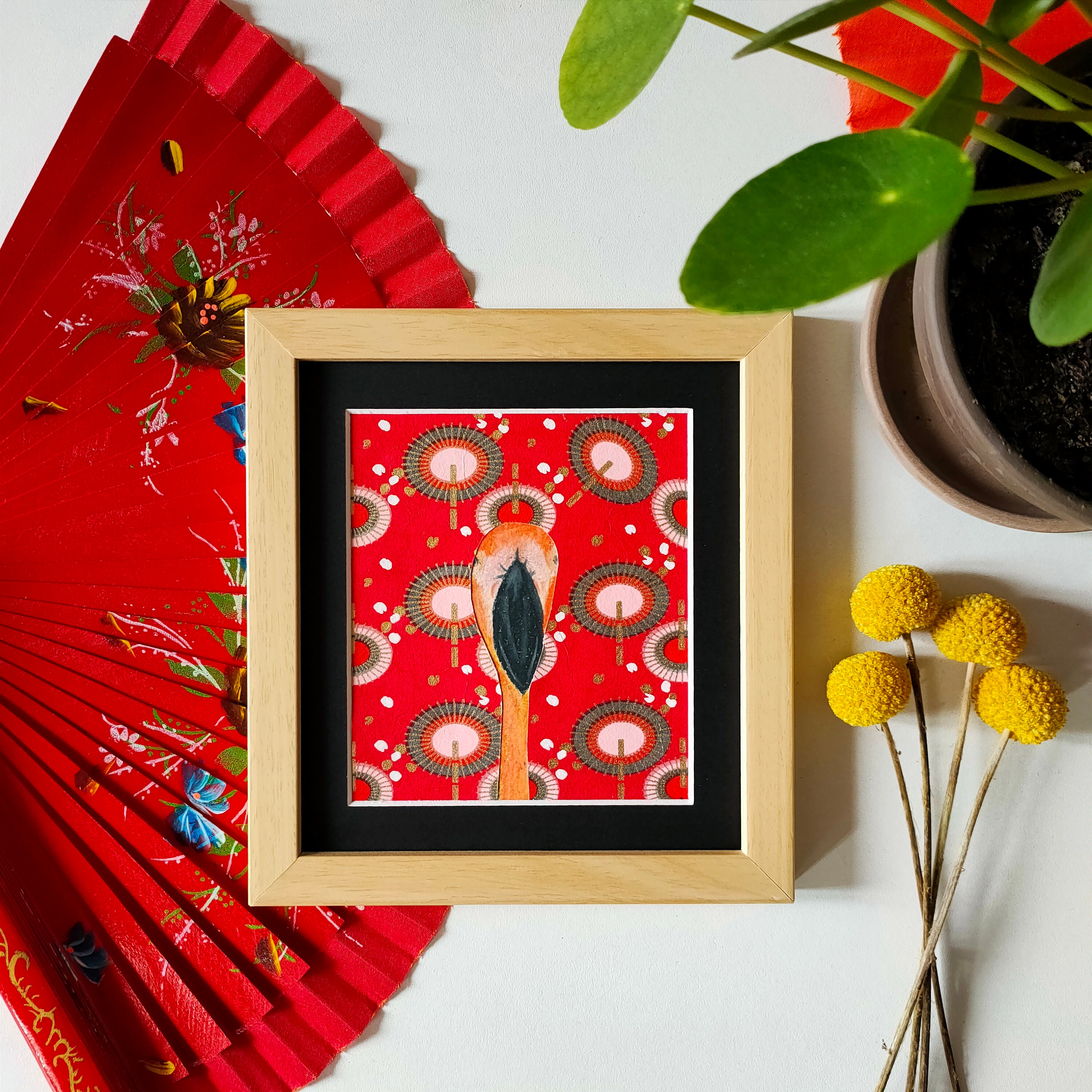 Tableau Flamand Rose de Face Au Pastel Sec et Papier Japonais Fait Main