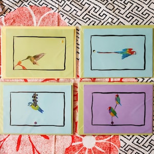 Double carte originale Colibri Perroquet Mésange au Pastel sec et Papier Japonais Fait Main