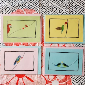 Double carte originale Perroquet Colibri Mésange au Pastel sec et Papier Japonais Fait Main