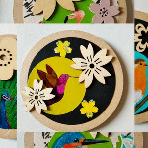 Magnet léger Colibri Paon Macareux - Bois, papier et papier Japonais Fait Main Pièce unique