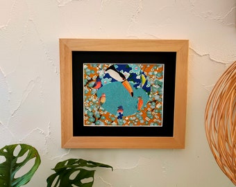 Table Toucan Toco and Dancing Birds in Dry Pastel and Handmade Japanese Paper