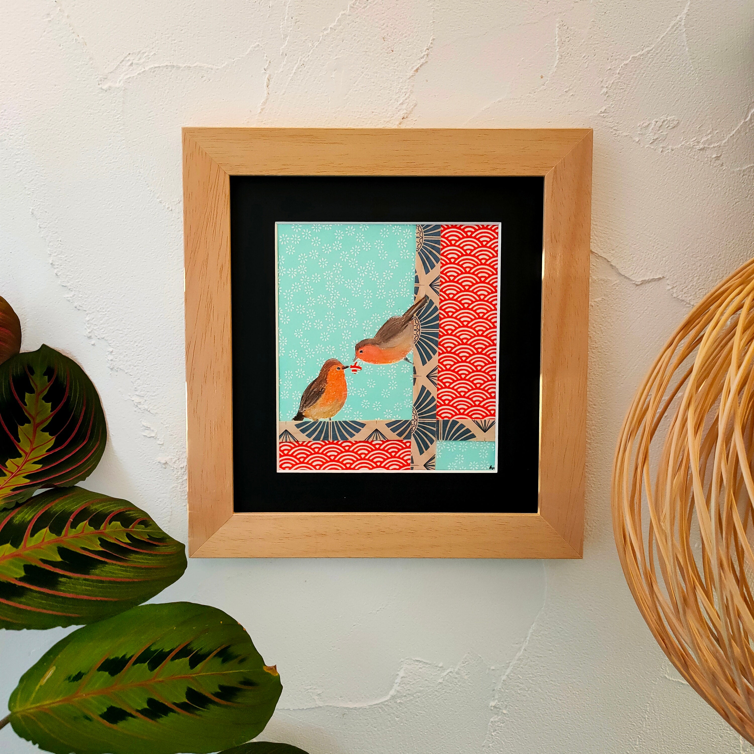 Tableau Bisou de Rouge-Gorge Au Pastel Sec et Papier Japonais Fait Main