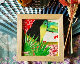 Flamboyant Toucan Painting in Dry Pastel and Handmade Japanese Paper