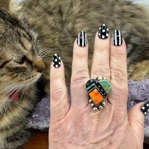 Fantastic Ray Jack Navajo Inlay Silver Heart Shaped Ring Size 10.5