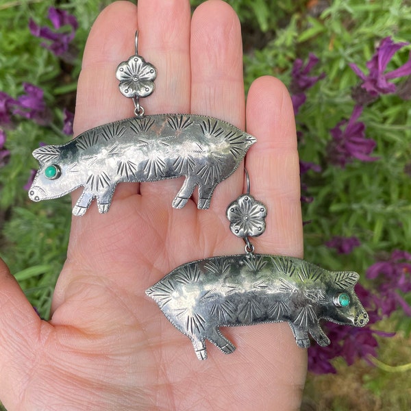 Sterling Silver Federico Jimenez Stamped Javelina Turquoise + Flower Statement Earrings