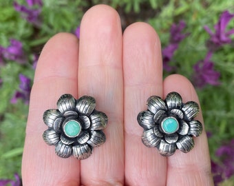 Fabulous Federico Jimenez Sterling Silver + Turquoise Statement Flower Stud Earrings