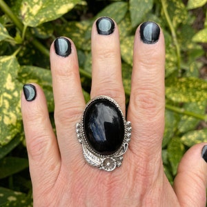 Fabulous Huge Onyx + Silver Leaves Native Made Statement Ring Sterling 925 Size 10
