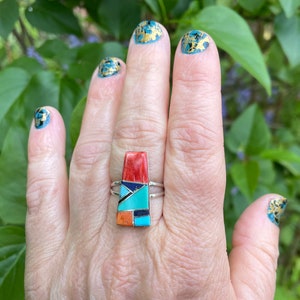Rectangular Navajo Inlay Turquoise, Lapis, Onyx, Red Spiny Oyster Shell + Silver Native Made Ring Sterling 925 Size 8