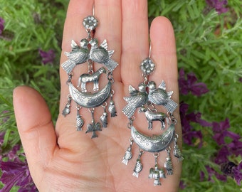 Medium Fabulous Love Birds Donkey Flower Large Statement Oaxacan Sterling Silver Earrings