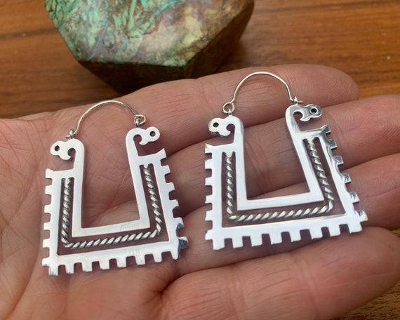 Tribal Mayan Pattern Sterling Silver Square Hoops… - image 5