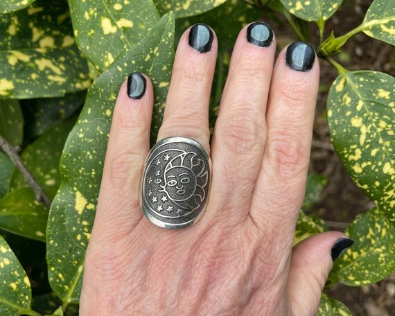Oxidized Square Nugget Sun Moon Ring – .925 Sterling Silver Band, Sizes 5-10, Bohemian Style Jewelry - View #8