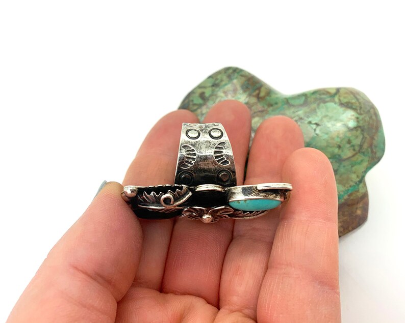 Onyx Stamped Silver Flower Leaf Mexico Ring Sterling 925 Size 8.5 Turquoise