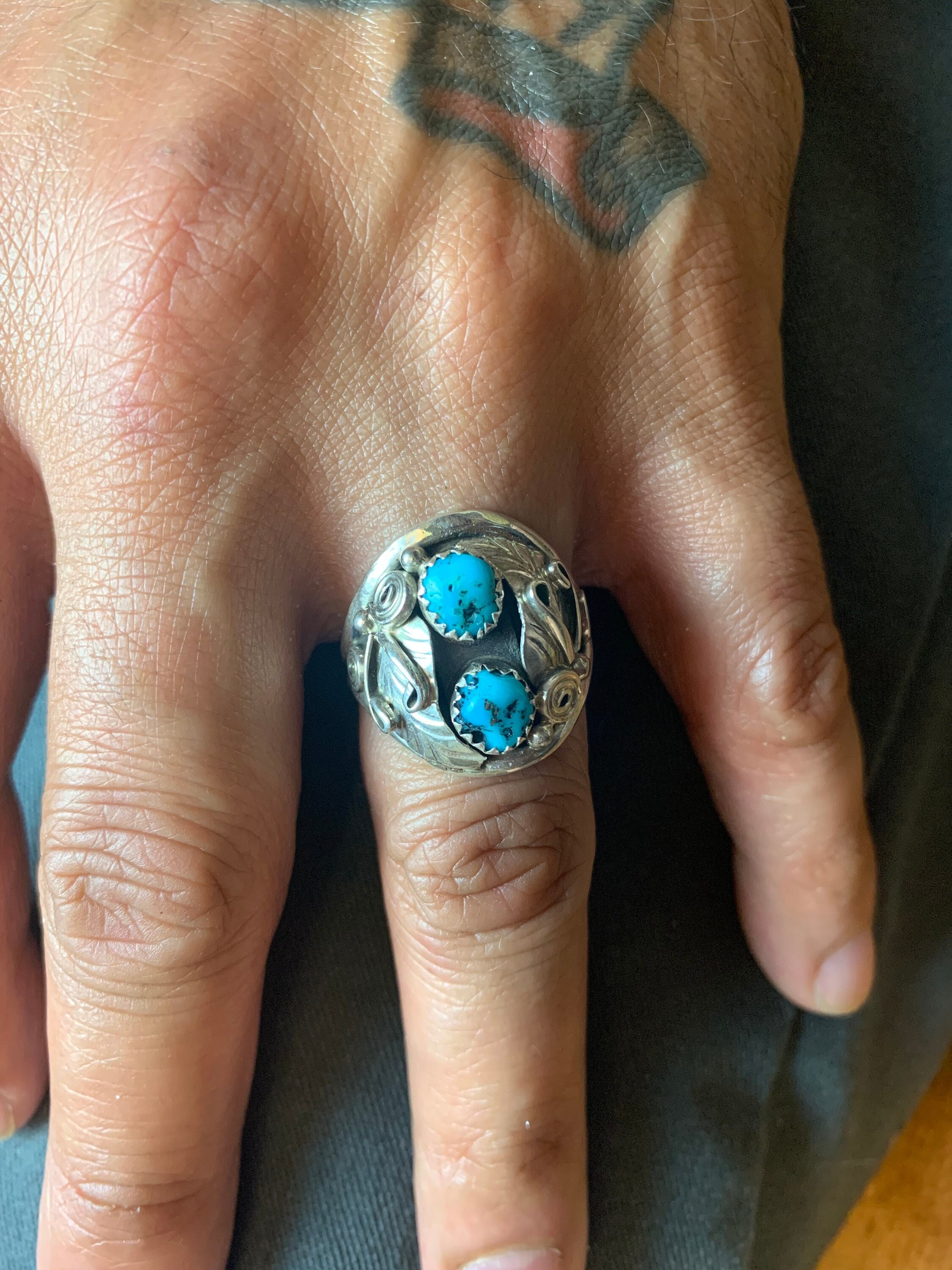 Sterling Silver Turquoise Biker Style Ring Native Made Size 11