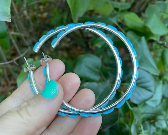 2.75" Hoop Sterling Silver + Turquoise Inlay Fede… - image 3