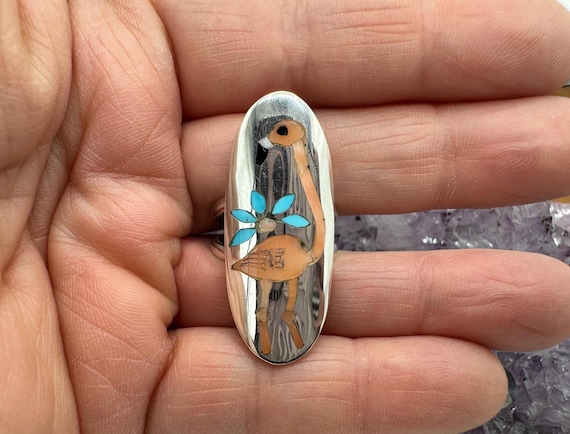 Quintin Quam Zuni Inlay Flamingo Ring: Sterling Silver, Size 8