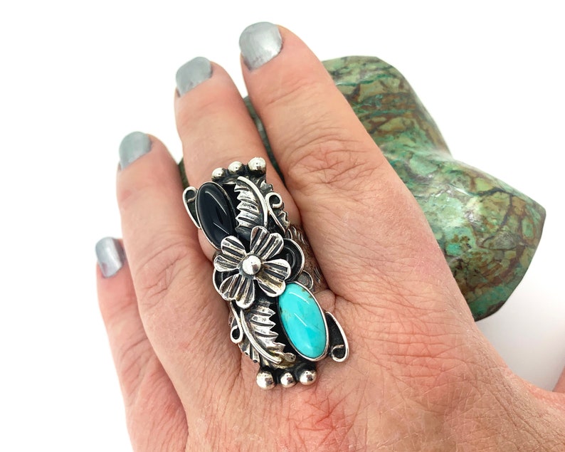 Onyx Stamped Silver Flower Leaf Mexico Ring Sterling 925 Size 8.5 Turquoise