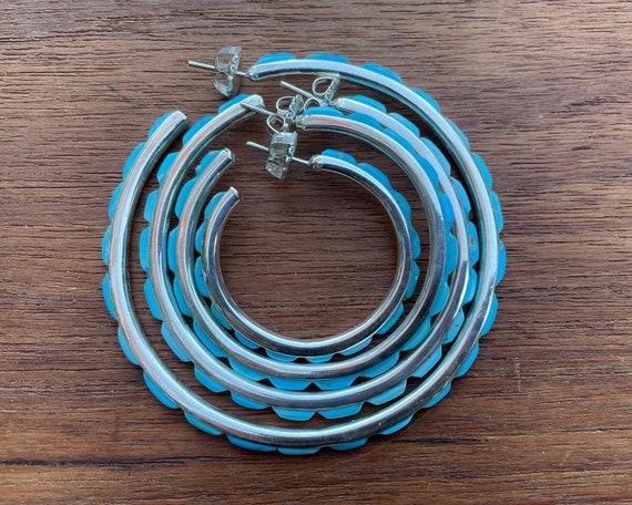 2.75" Hoop Sterling Silver + Turquoise Inlay Fede… - image 4