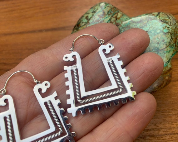 Tribal Mayan Pattern Sterling Silver Square Hoops… - image 4