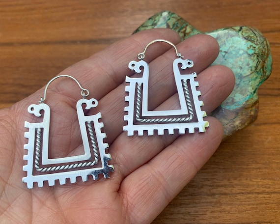 Tribal Mayan Pattern Sterling Silver Square Hoops… - image 1