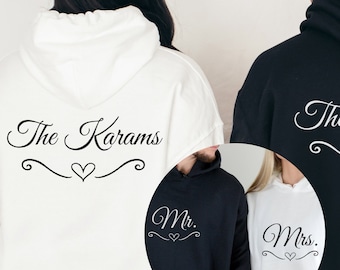 Mr. and Mrs. Sweatshirts: Mr. and Mrs. Words on the Back Hoodie, Matching Couple Hoodies with Last Name, Matching Honeymoon Sweatshirts