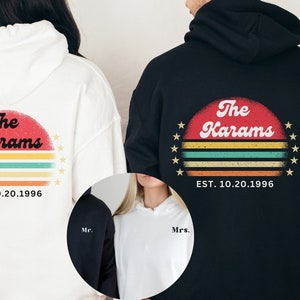 Retro Mr. and Mrs. Hoodies: Words on the Back Hoodies, Matching Couple Hoodies Bride and Groom Sweatshirts Est with Wedding Date and Name