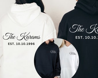 Bride and Groom Shirts Words on the Back Hoodie: Matching Couple Hoodies Mr and Mrs Sweatshirts Est Hoodies with Wedding Date and Name