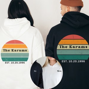 Retro Mr. and Mrs. Hoodies: Words on the Back Hoodies, Matching Couple Hoodies Bride and Groom Sweatshirts Est with Wedding Date and Name