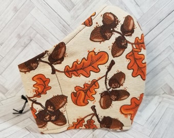 Face Mask Washable with Nose Wire, Filter Pocket, Cotton, Nose Wire Pocket and Adjustable Ear Elastic - Acorns and Leaves