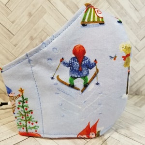 Face Mask Washable 100% Cotton with: Filter Pocket, Nose Wire/Wire Pocket, Adjustable Ear Straps- Winter Gnomes Skating