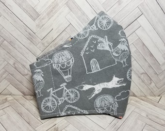 Face Mask Washable with Nose Wire, Filter Pocket, Cotton, Nose Wire Pocket and Adjustable Ear Elastic - Gray & White Farm