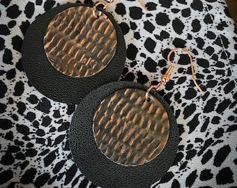 Antiqued Copper and Leather Boho Circle Earrings