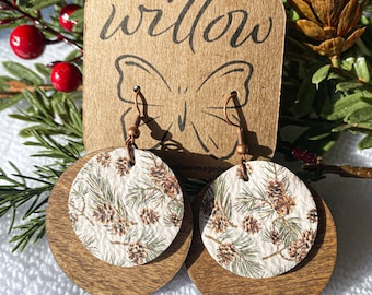 Holiday Earrings, Christmas Earrings, Wood and Leather Earrings, Boho Earrings, Wood Earrings, Festive Earrings