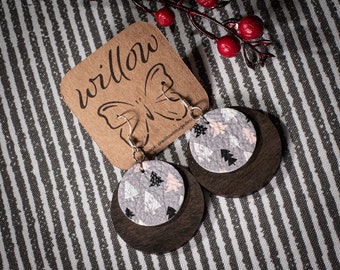 Holiday Earrings, Christmas Earrings, Wood and Leather Earrings, Boho Earrings, Wood Earrings, Festive Earrings