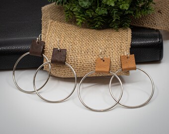 Silver Hoop Earrings, Hoop Earrings with Leather Strap, Metal Hoops, Hoop Earrings, Boho Hoop Earrings, 2021 Fall Earrings