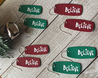 Christmas Earrings, Holiday Earrings, Holiday Leather Earrings, Festive Earrings, Long Christmas Earrings, Christmas Jewelry, Leather Hooks