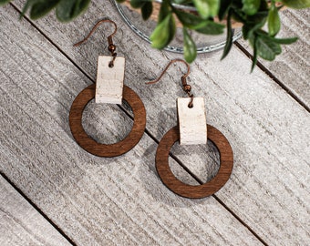 Wood Circle Earrings, Wood and Leather Earrings, Boho Wood Earrings, Jewelry for Her, Wood Earrings, Leather Earrings, Wood Circle Earrings