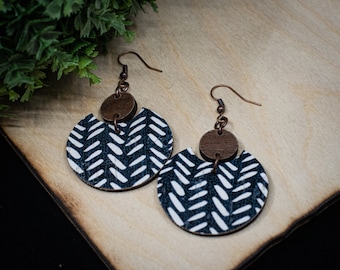 Chevron Earrings, Leather and Wood Earrings, Boho Leather and Wood Earrings, 2021 Fall Earrings, Wood Circle Earrings, Black White Earrings