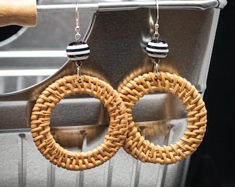 Rattan Earrings, Boho Rattan with Striped Beads, Boho Rattan Earrings, Round Rattan Earrings, Natural Rattan Earrings, Rattan Hoops