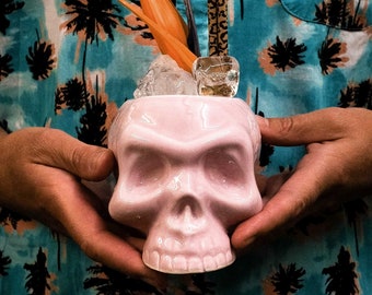 Pink Skull Tiki Mug – Ceramic Halloween Cocktail Mug – Spooky Tiki Barware – Gothic Drinkware – Unique Gift for Tiki or Skull Collectors