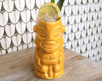 Handmade Tangaroa Tiki Mug: Mango Glaze Ceramic Cocktail Mug