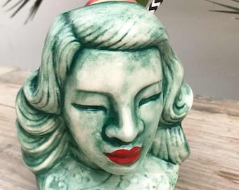 Hand Painted Blue Lady Tiki Mug – Ceramic Cocktail Mug – Vintage Polynesian Barware – Unique Drinkware Gift for Tiki Collectors