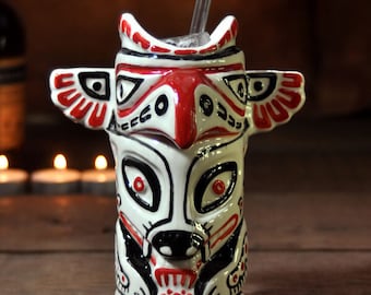 Hand-Painted Totem Pole Tiki Mug: Ceramic Polynesian Cocktail Barware