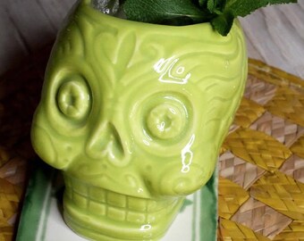 Day of the Dead Cocktail Mug – Lime Green Ceramic Tiki Cup – Dia de los Muertos Barware – Handcrafted Pottery Drinkware