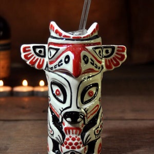 Totem Pole Hand-Painted Ceramic Tiki Mug - Unique Tiki Drinkware, Custom Handcrafted Mug, Polynesian Barware, Exotic Cocktail Glass Gift